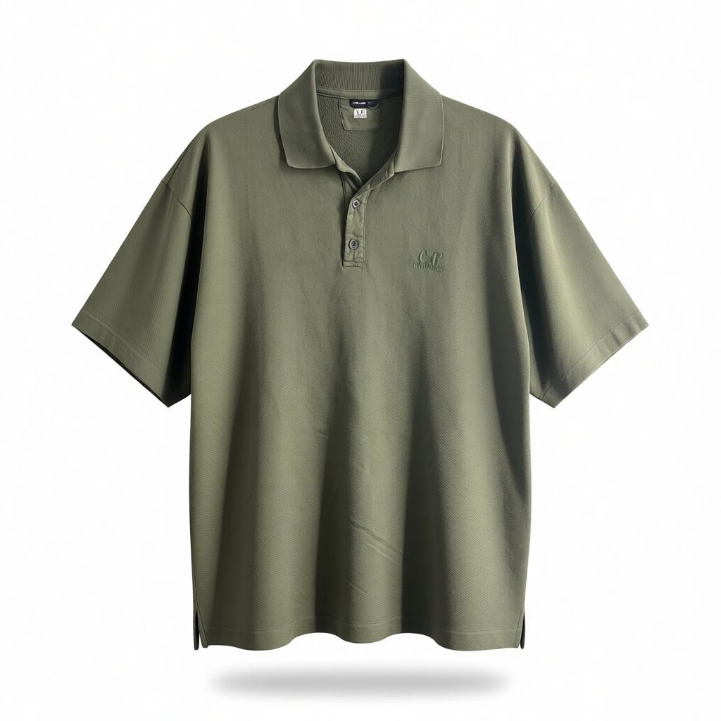 CP Company Polo Shirt raised stitch writing.