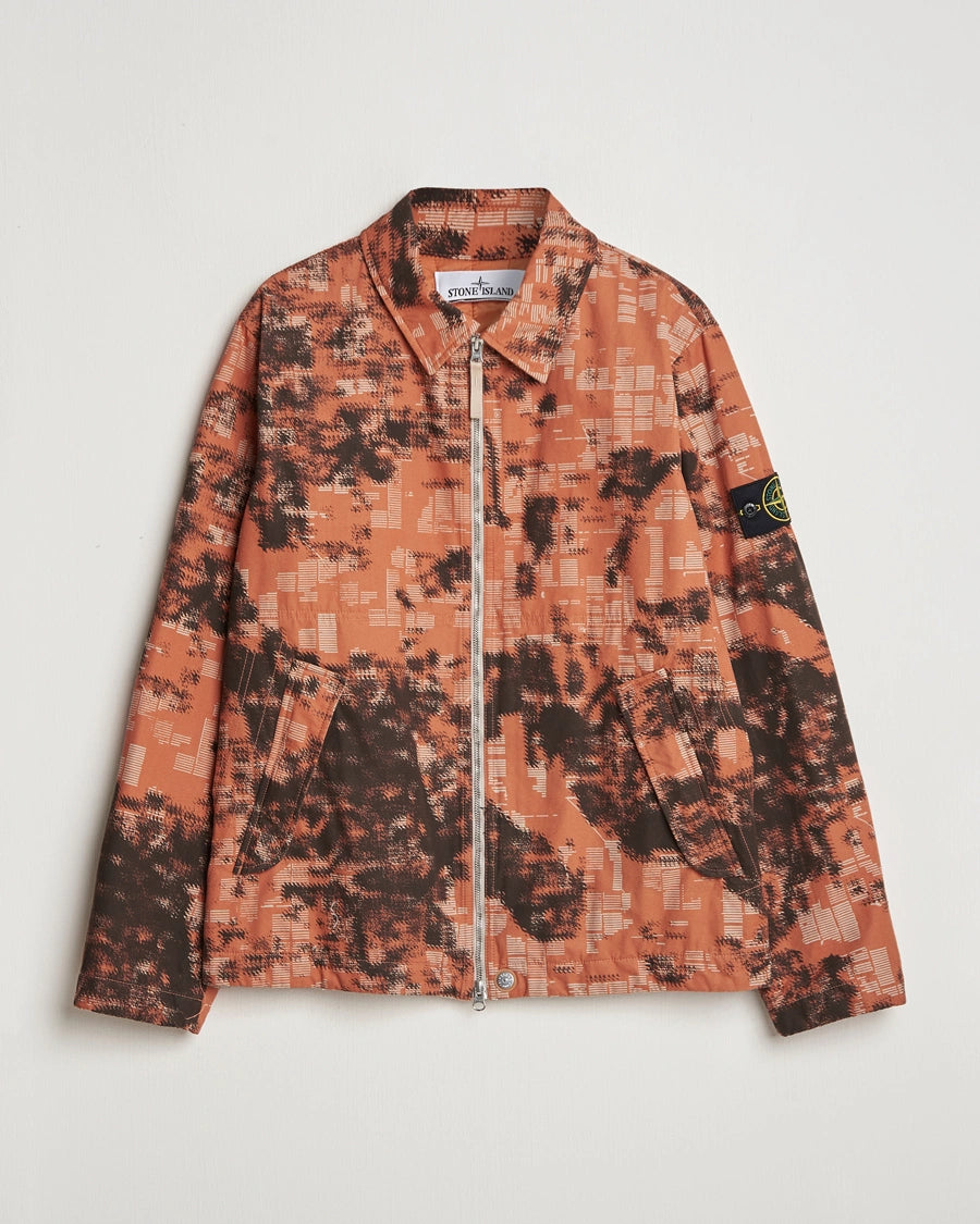 Stone Island Earth Mapping Camo cotton canvas overshirt jacket with PrimaLoft insulation technology.
